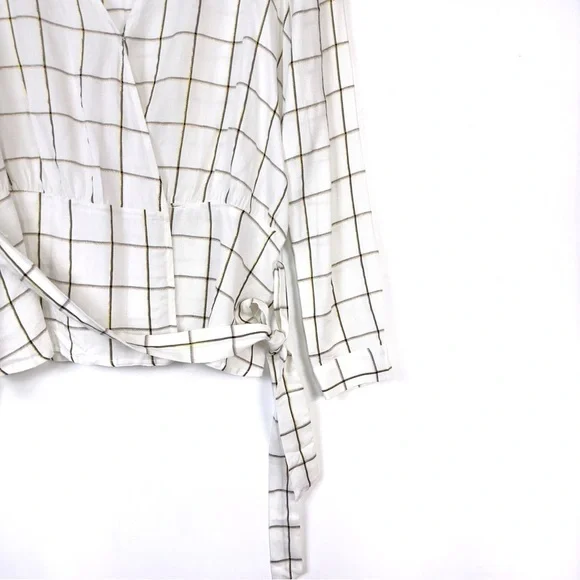 FRNCH Women’s Window Pane Plaid Print Wrap Long Sleeves V- Neck Top White Size M - Picture 5 of 11